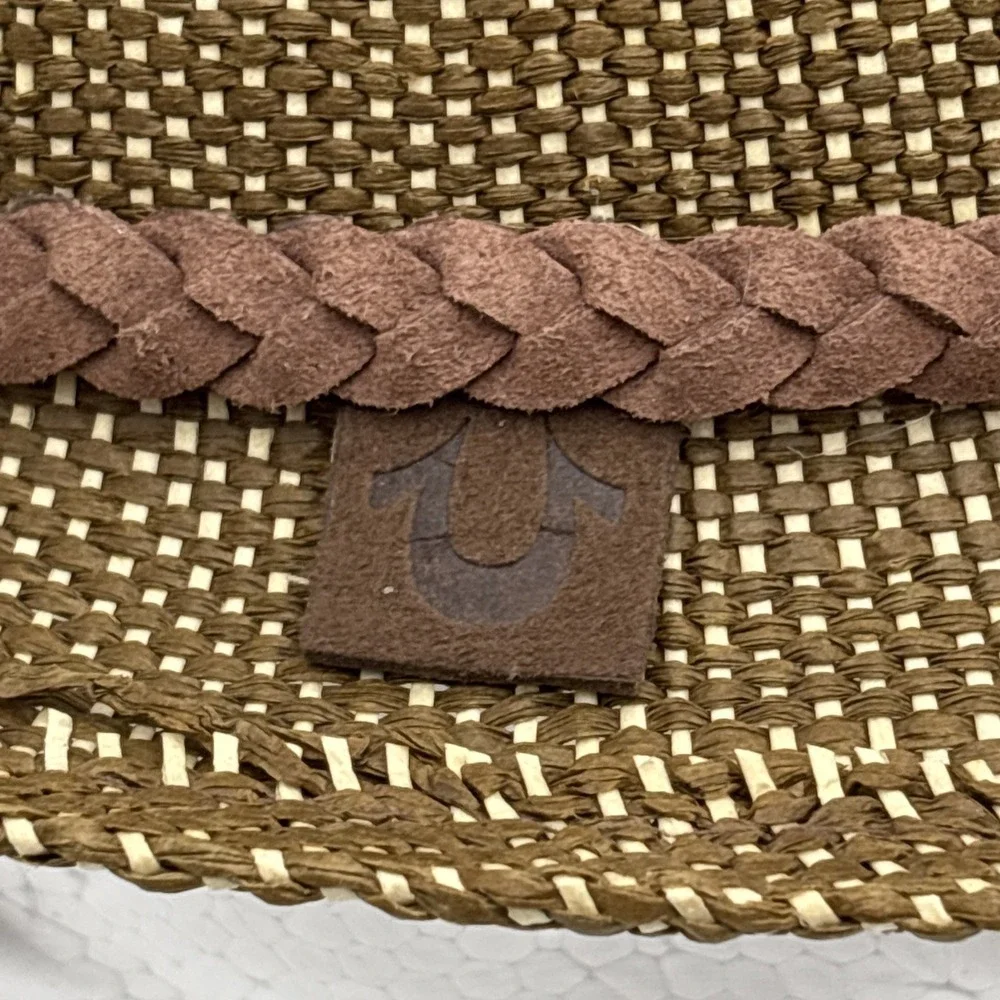 True Religion Jeans Paper Straw Fedora Hat Small/Medium Distressed‎ Leather NWT